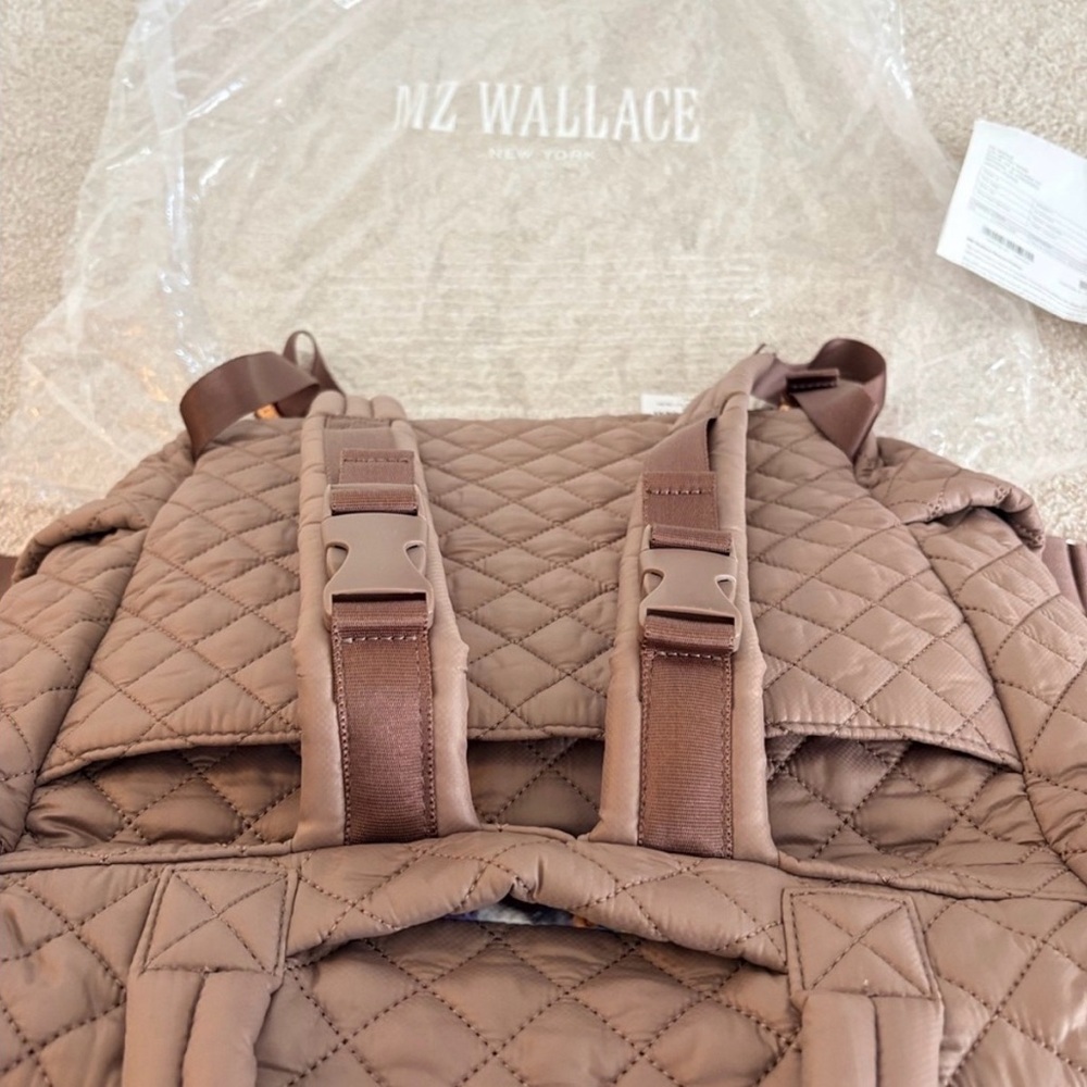 MZ Wallace Quilted Taupe Backpack with Brown Strap and Colorful Pouch - Picture 9 of 14